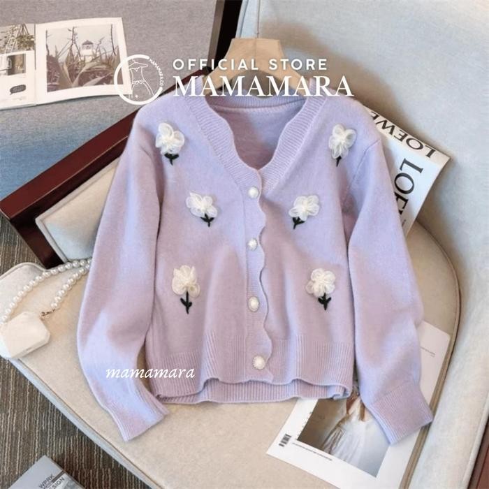 tvz6- Mamamara - Cardigan Wol Rajut Tulip Putih 3D Santai V-Neck Polos Bunga Panjang