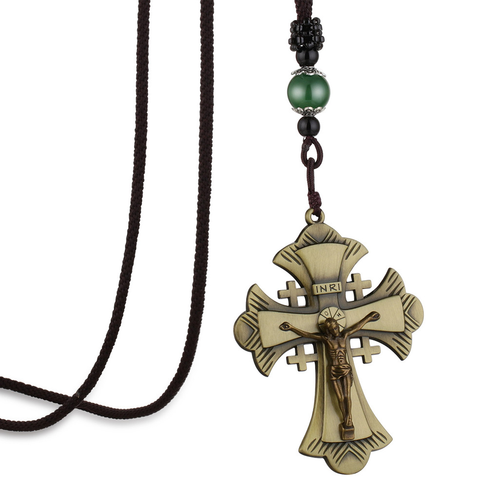 INRI Jerusalem Crucifix Jesus Pectoral Cross Pendant Necklace Braided Rope Chain Necklace Orthodox