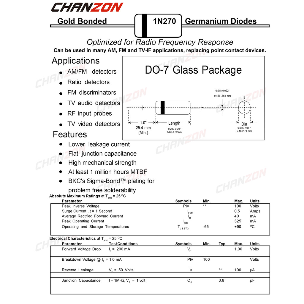 1N270 DO-7 Power Germanium Rectifier Diode 40mA 100V Axial Glass GE Diodes for TV FM AM Radio