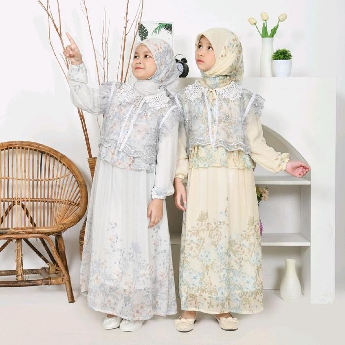 muna SinarbaruKids Gamis Anak Perempuan Raena Ceruty Motif Bunga + Rompi Tile Free Jilbab Segi Empat