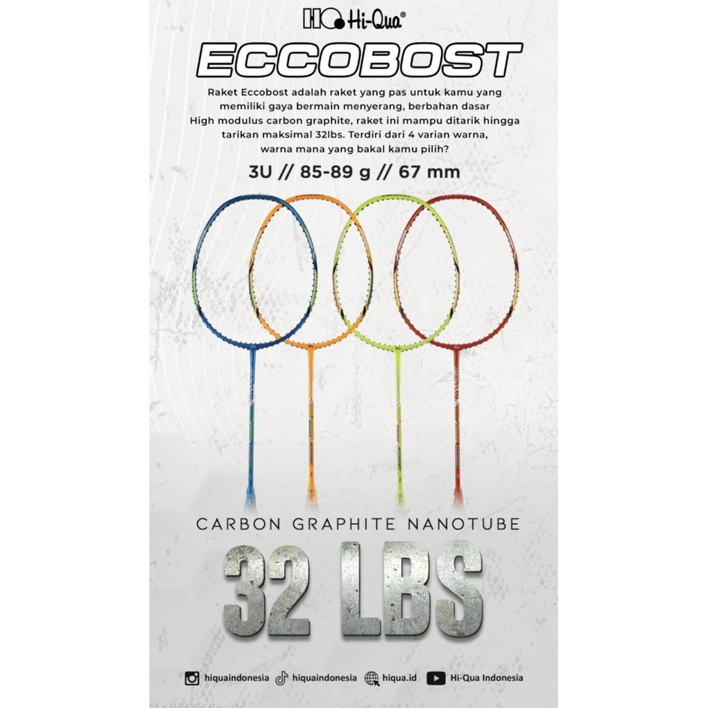 Raket Badminton HIQUA HQ ECCOBOOTS 6000/7000/8000/9000 kuat 32 LBS ORI