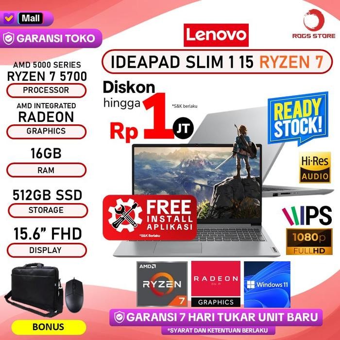 Pilihan- Lenovo Ideapad Slim 1 15 Amd Ryzen 7 5700 16Gb 1Tb Ssd W11 15.6Fhd Ips