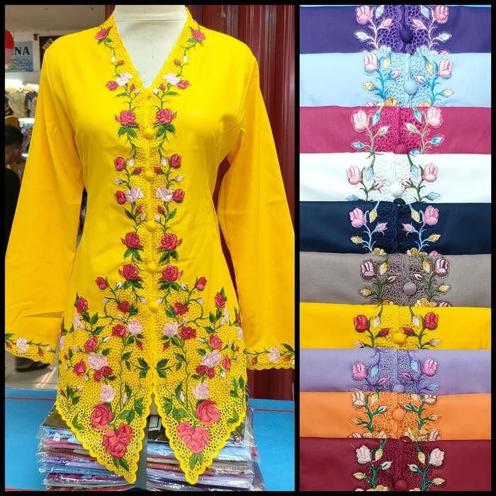Pilihan- " Motif Bunga Mawar 2 " Kebaya Encim Bordir Bahan Katun Jepang Toyobo