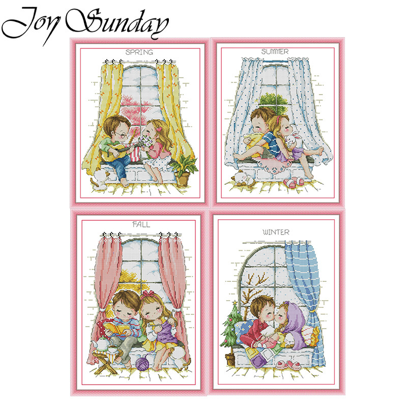 Cross Stitch Kit Joy Sunday Four Seasons Window Pattern Printed Counted Canvas DIY Embroidery Kit Ai