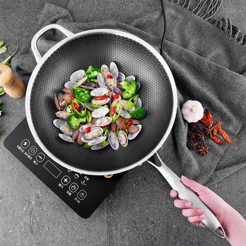 304 Stainless Steel Wok Uncoated Two-sided Five-layer Steel Wok Pan Cooking Pot Cast Iron Skillet Wo