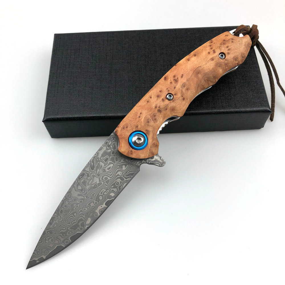 TRSKT VG10 Damascus Pocket Folding Knife,Cool Camping Knives,Outdoor Edc Tool Wood Handle With Box