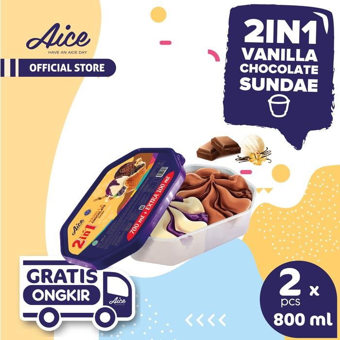 r05n- Aice Vanilla Chocolate Sundae Ice Cream Eskrim 800 Ml Es Krim Isi 2Pcs
