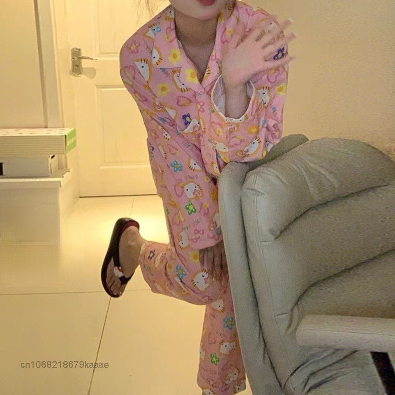 Sanrio Hello Kitty New Pink Home Clothes Y2k Top Pants 2 Piece Set Women Pajamas Spring Kawaii Sleep