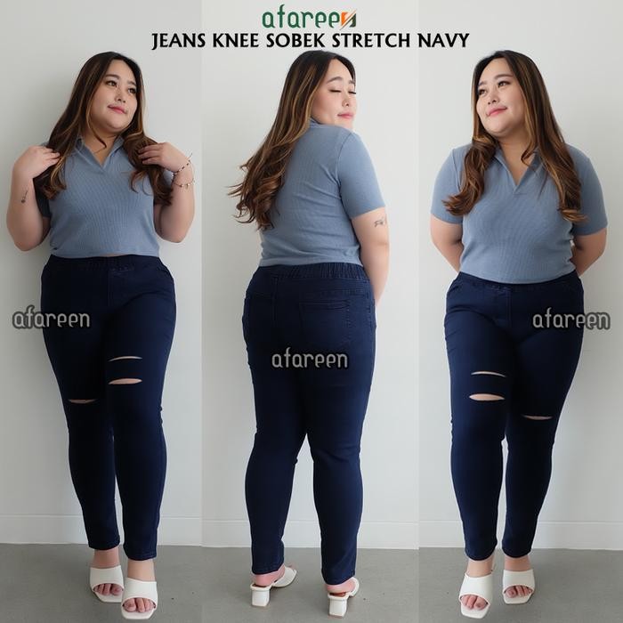 9qli- Afareen - Jeans Pinggang Karet Jumbo Ripped Celana Jeans Sobek Wanita Knee Legging