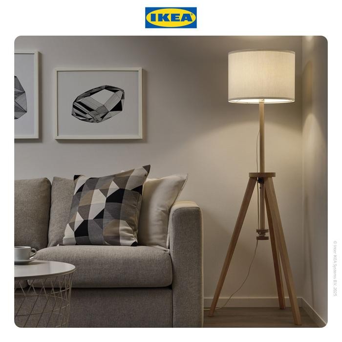 al42- Ikea Lauters Lampu Lantai / Lampu Baca Kayu Ash/Putih Minimalis Akrilik Plastik