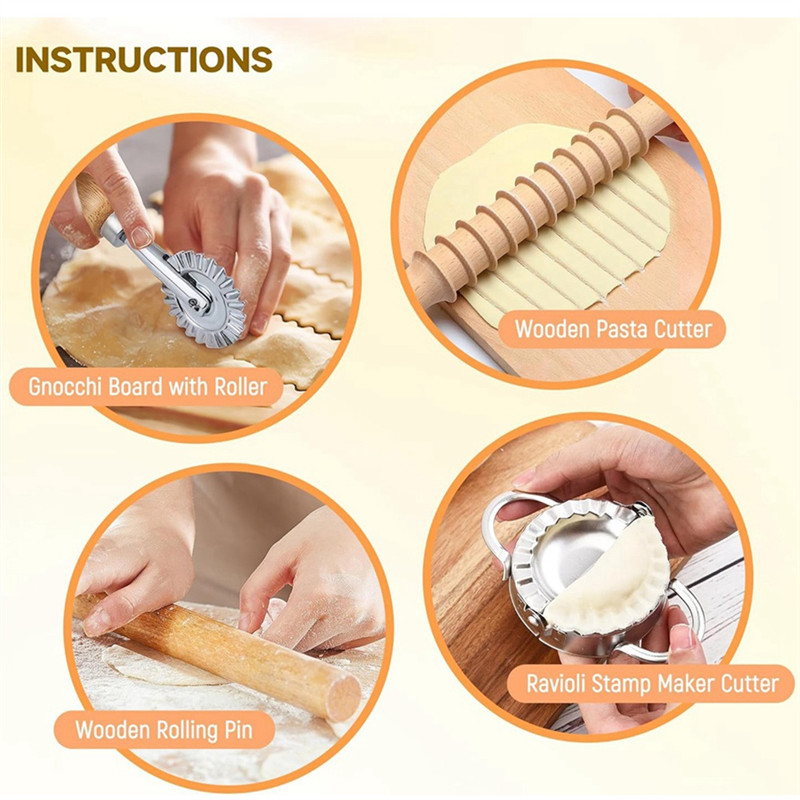 Monaraaya ABLL-9Pcs Pasta Making Tools Set, Wooden Rolling Pin, Gnocchi Board, Ravioli Stamp Maker C