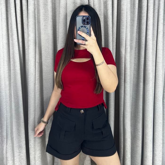 Lina Kaos Serut Sexy Wanita Crop Top Dada Terbuka Lengan Pendek