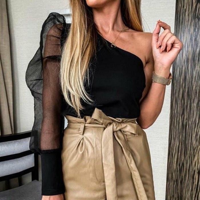 Delisya One Shoulder Scuba Organdy Baju Atasan Wanita Tangan Balon Draped Brown