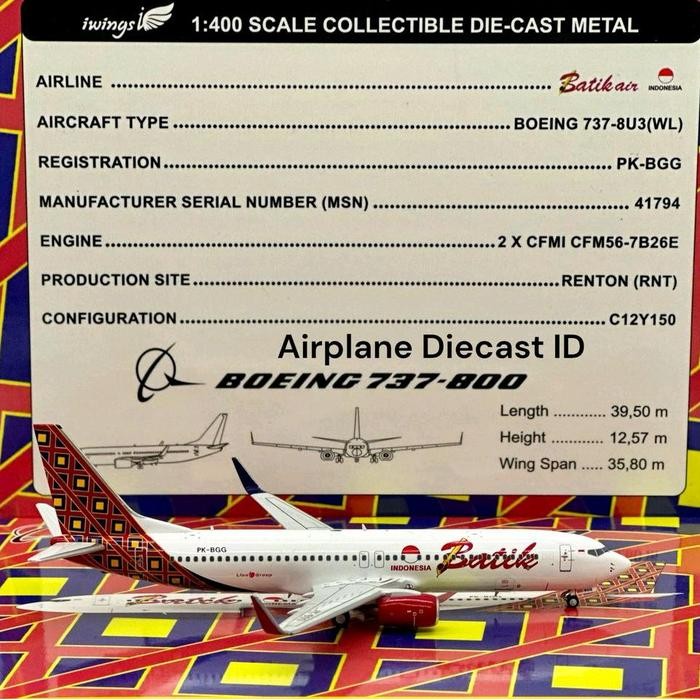 STOK TERBATAS  BATIK AIR BOEING B737-800 PK-BGG 1:400 SCALE LIMITED EDITION IWINGS MODELS