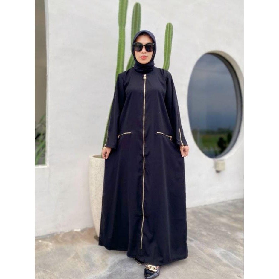 KirimCpT- Abaya Dewasa Gamis Muslim Arab Saudi Hitam Jetblack Premium Kombinasi List Zipper -