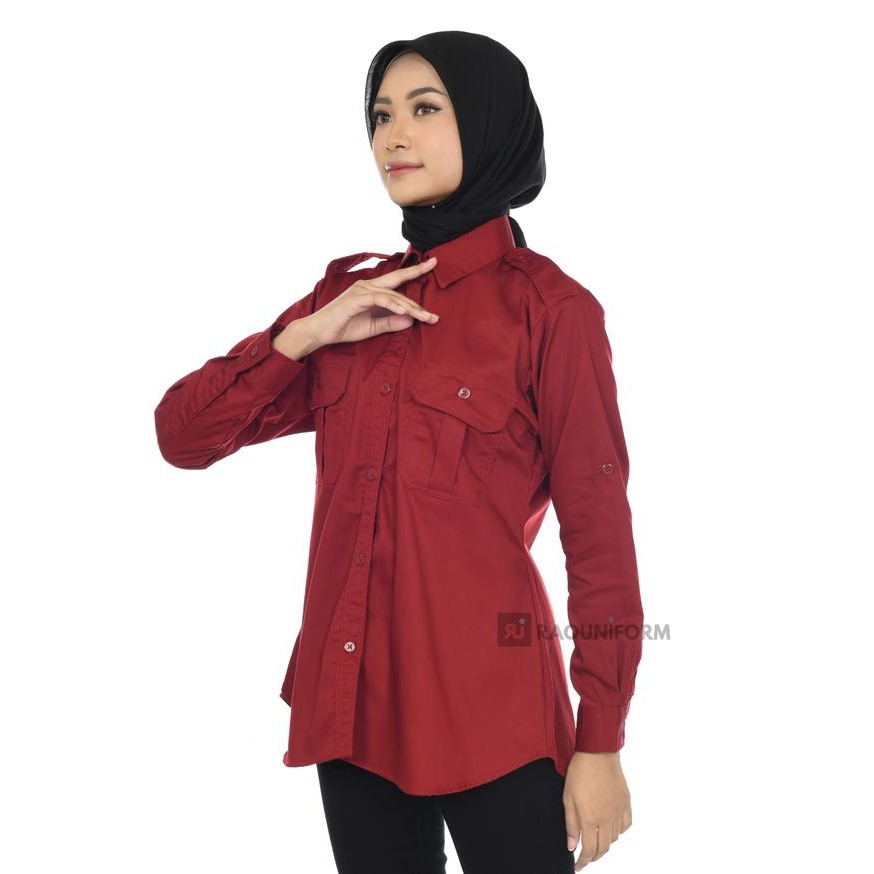 Raouniform Kemeja Putih Lengan Panjang Wanita Baju Seragam Kerja Formal American Drill Maroon Promo