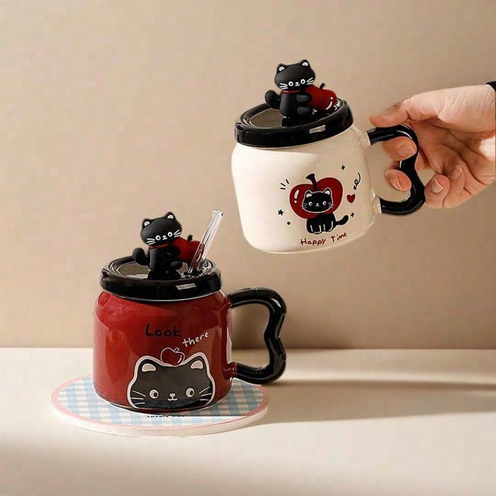 Mug Keramik Kucing Dengan Tutup Kayu / Cangkir Keramik Cute Kucing