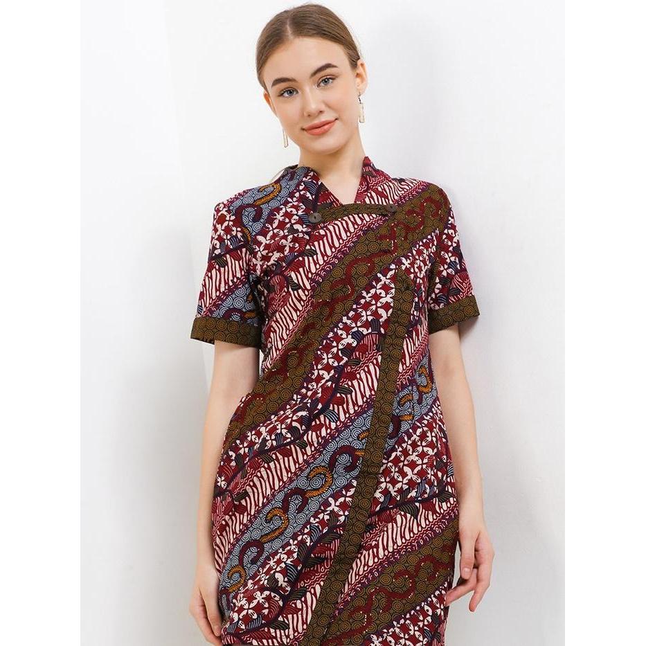 Arjuna Weda Sackdress Batik Wanita Motif Parang Kawung Bahan Katun Kancing Depan Lengan Pendek