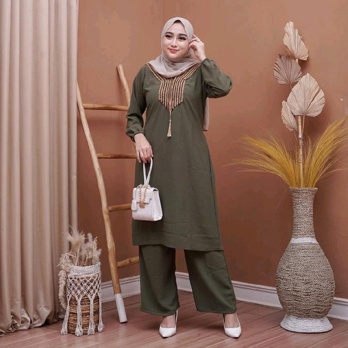One Set Tunik Cringkle Setelan Arabian Setelan Tunik Renda Muslim Terbaru 