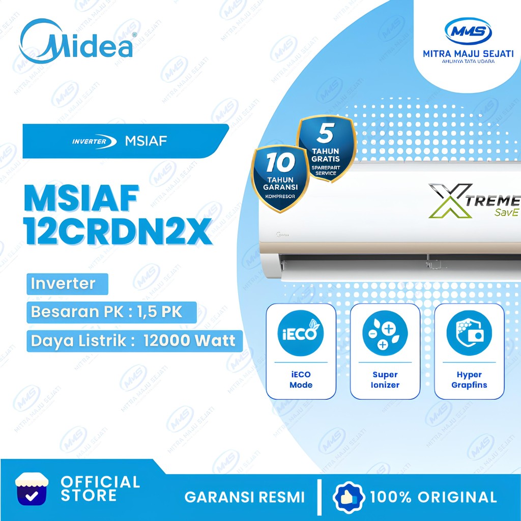 AC Midea 1,5 PK XtremeSave Inverter MSIAF-12CRDN2X – Hemat Listrik 1.120W, Turbo Cooling, Ionizer Ud