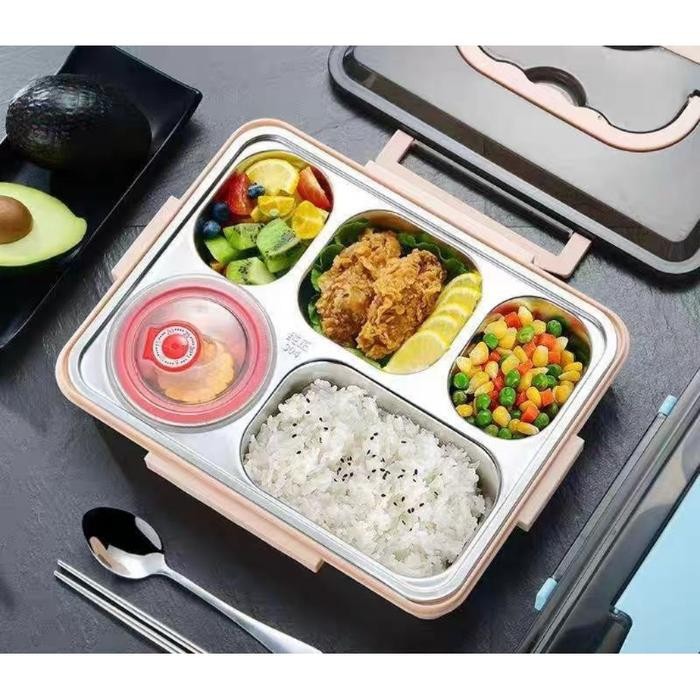 Lunch Box Kotak Tempat Makan Bekal Nasi Set 5 Sekat Stainless Anti Tumpah Dan Tahan Panas