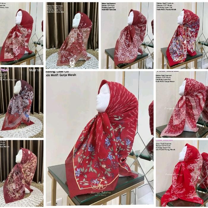 Top Edisi Merah - Hijab VOAL MOTIF PREMIUM Maroon Jilbab Segiempat LaserCut