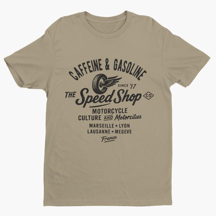 Kaos Retro Vintage Caffeine And Gasoline Speed Shop Motorcycle Tee Unisex