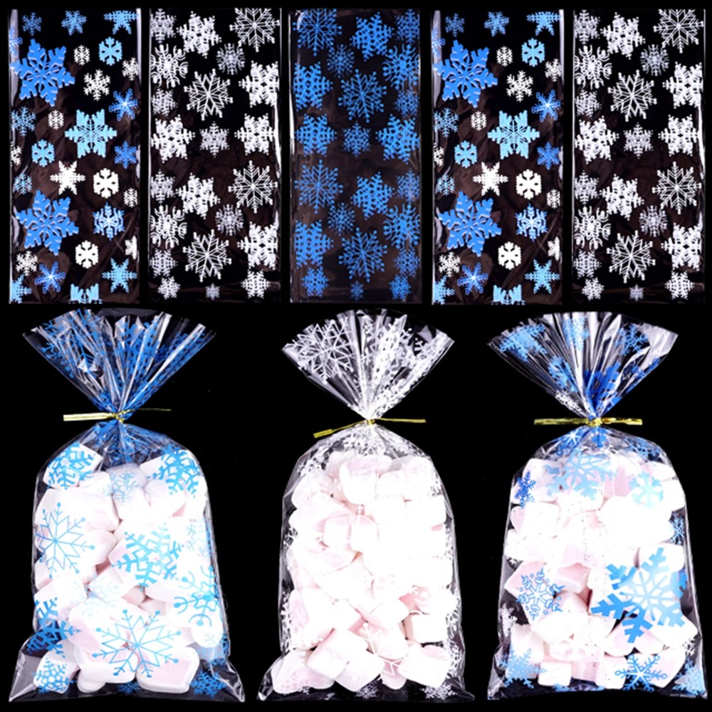 Snowflakes Pattern Cookie Candy Bags Open Top Packing Plastic Bags Christmas Cellophane Party Favor 