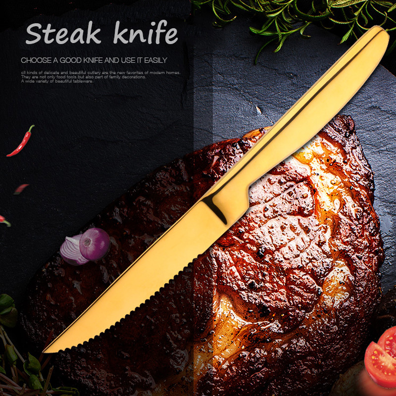 Stainless Steel Serrated Steak Knife High Quality Sharp Dinner Steak Knife Gold Kitchen Meat Cutter 