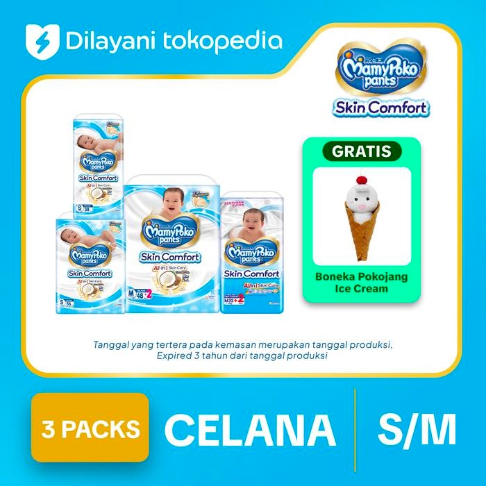 kpw0- 3 Ball Mamypoko Pants Skin Comfort Popok Celana Size S / M - Free Bantal Pokojang Ice