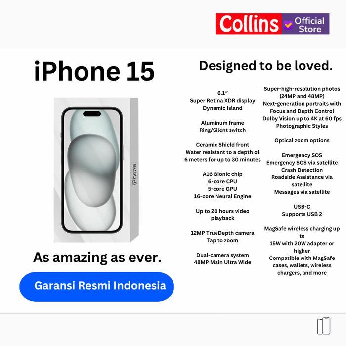 TERBARU [COLLINS X ONETECH] APPLE iPhone 15 128GB 256GB 512GB A16 Bionic CPU 6C / GPU 5C Garansi