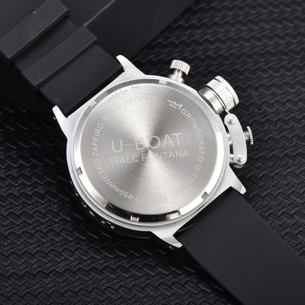 U-BOAT Men's Quartz Chronograph Watch 44mm Stainless Steel Case Silicone Band 1001M Waterproof