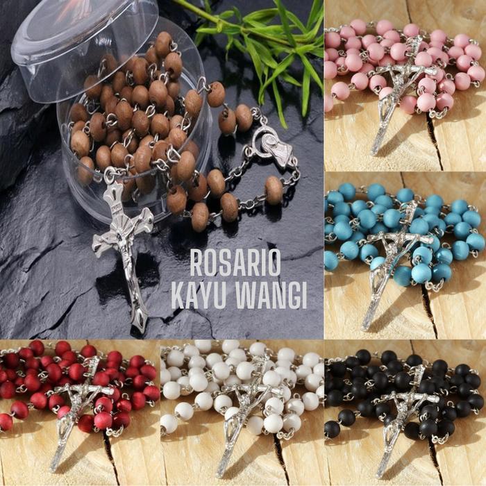 TERLARIS Rosario Kayu Wangi Aksesoris Katolik Kalung Doa Maria Asli Aroma Warna Merah Putih Coklat