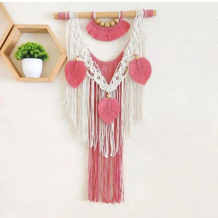 Macrame wall hanging hiasan ruang tamu hiasan dinding ukuran 35x60 cm Aesthetic - PINK PUTIH