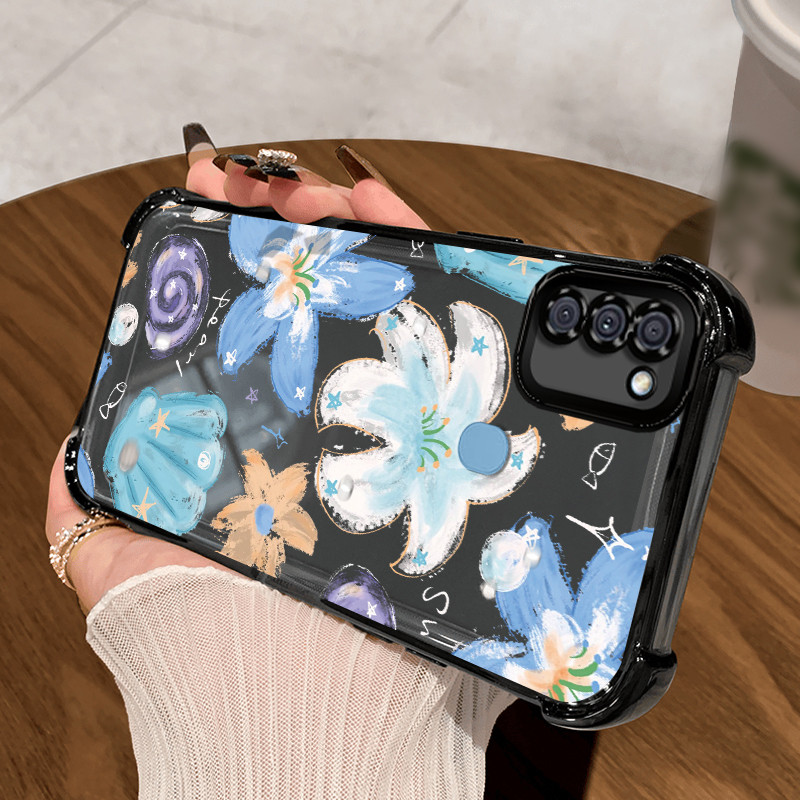 Casing Hp untuk Samsung A11 M11 Case Casing pola Bunga Biru Unik Kesing empat Anti Drop sudut Kasing