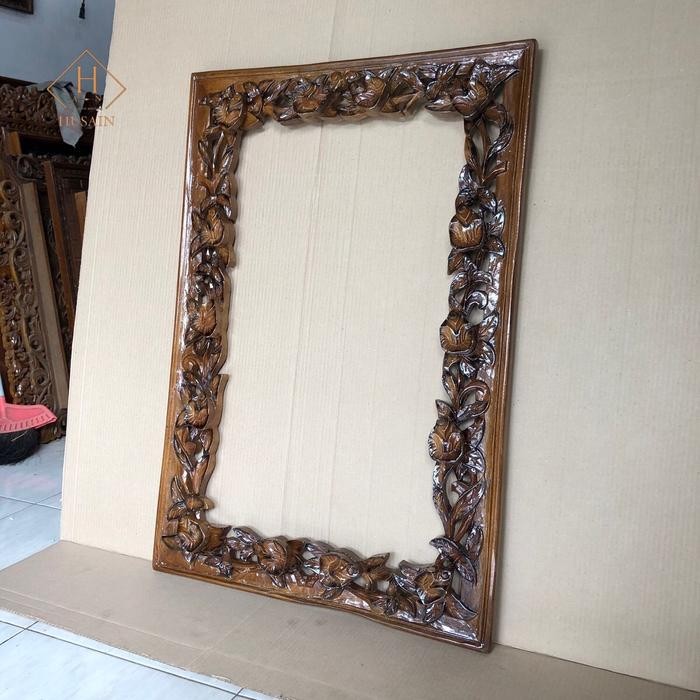 Bingkai kaca pigura Ukir Kayu jati motif bunga mawar