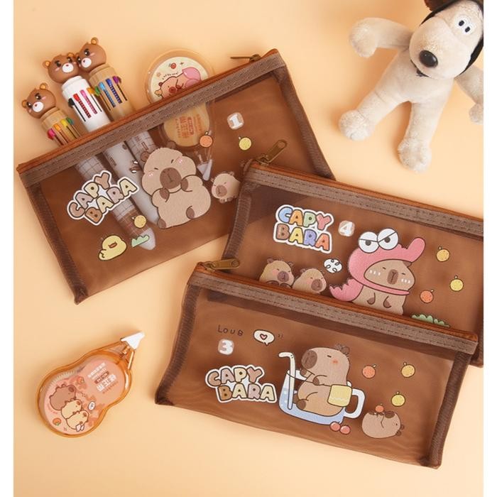 

TP89 Pouch Tempat Pensil Jaring Transparan Brown Capybara A6 21 x 11 cm Zipper Pencil Cosmetic Bag