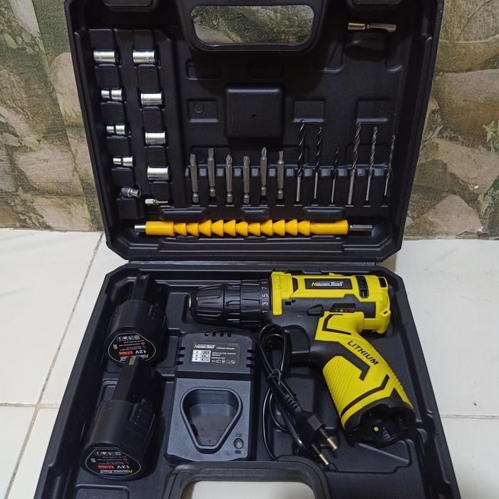 Mesin Bor Baterai Set 12V Nagawa Cordless Drill Driver 12 Volt