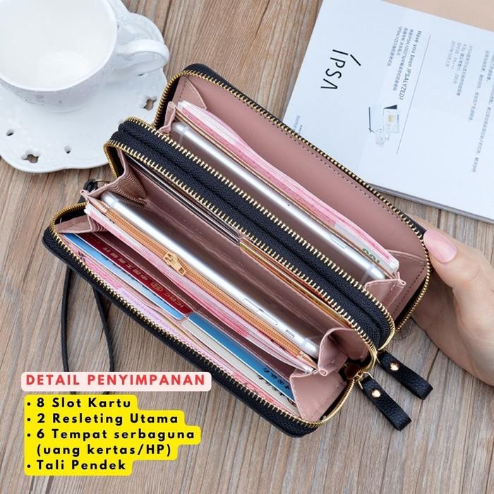 DOMPET PANJANG WANITA 2 RESLETING PREMIUM SERMAI HITAM KULIT PESTA KOREA TALI BATAM MURAH ABG