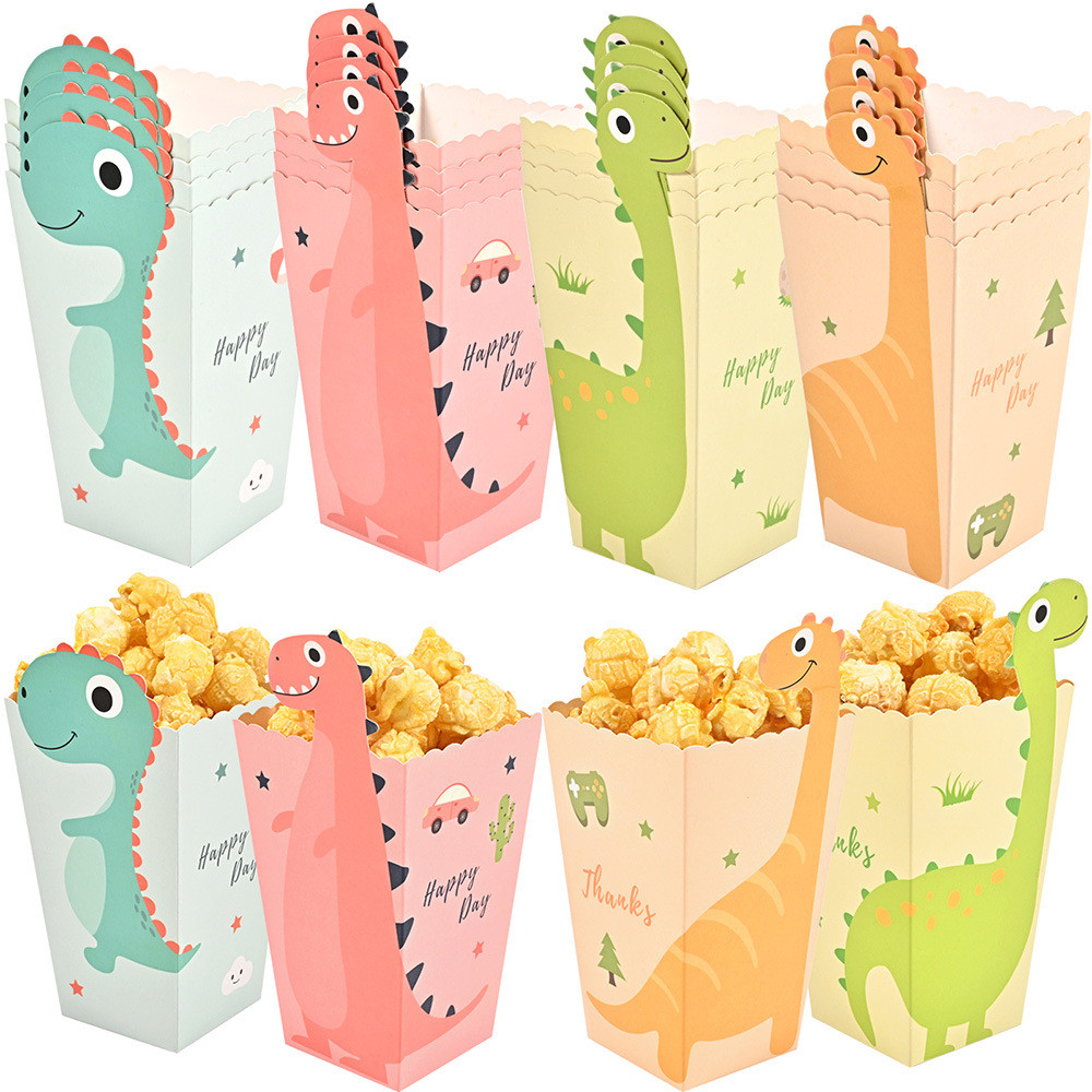 12pcs Cartoon Dinosaur Pop Corn Boxes Jungle Safari Dinosaur Theme 1st Happy Birthday Party Decor Ki