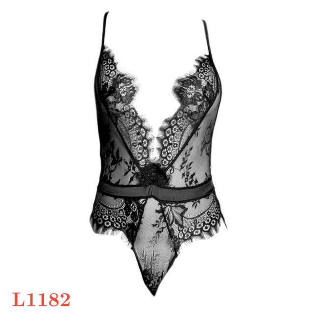 L1182 - Baju Tidur Lingerie Teddy Bodysuit Dress Tali Silang Hitam Transparan Belahan Dada Rendah