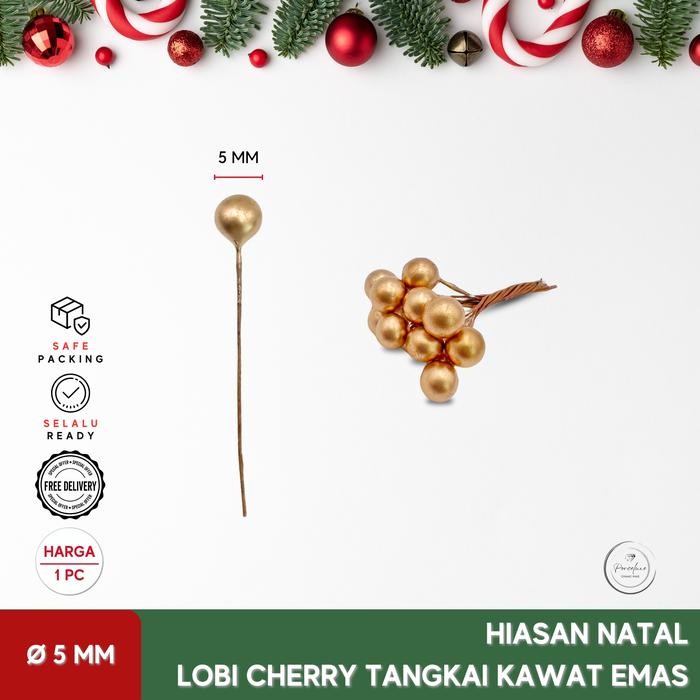 DIY Hiasan Dekorasi Natal Christmas Putik Bunga Lobi Cherry Emas 5 mm
