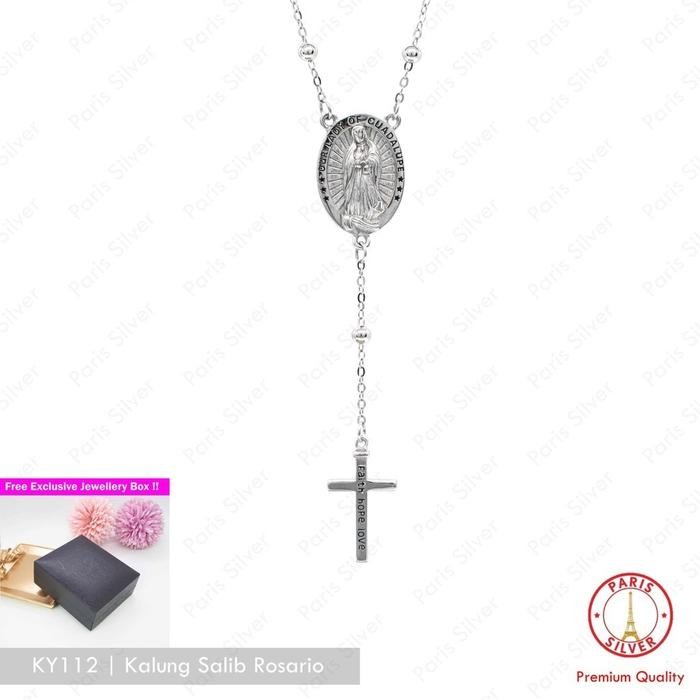 Kalung Salib Rosario Perak Asli Silver 925 Lapis Emas Putih Liontin Bandul Bunda Maria Cewek Cowok
