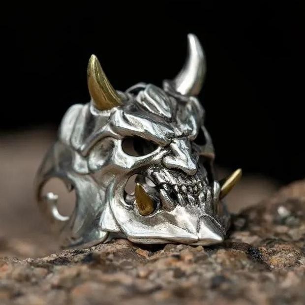 CINCIN TOPENG SAMURAI VERSI MINI KECIL MURAH - HORN SKULL SILVER GOLD RING JAPANESE BULL DEVIL DEMON
