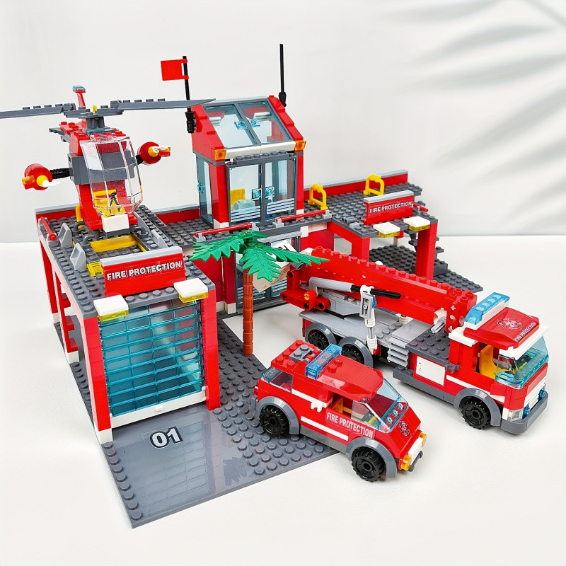 City Fire Station Building Blocks Set with Helicopter & Fire Truck, Educational Construction Toys