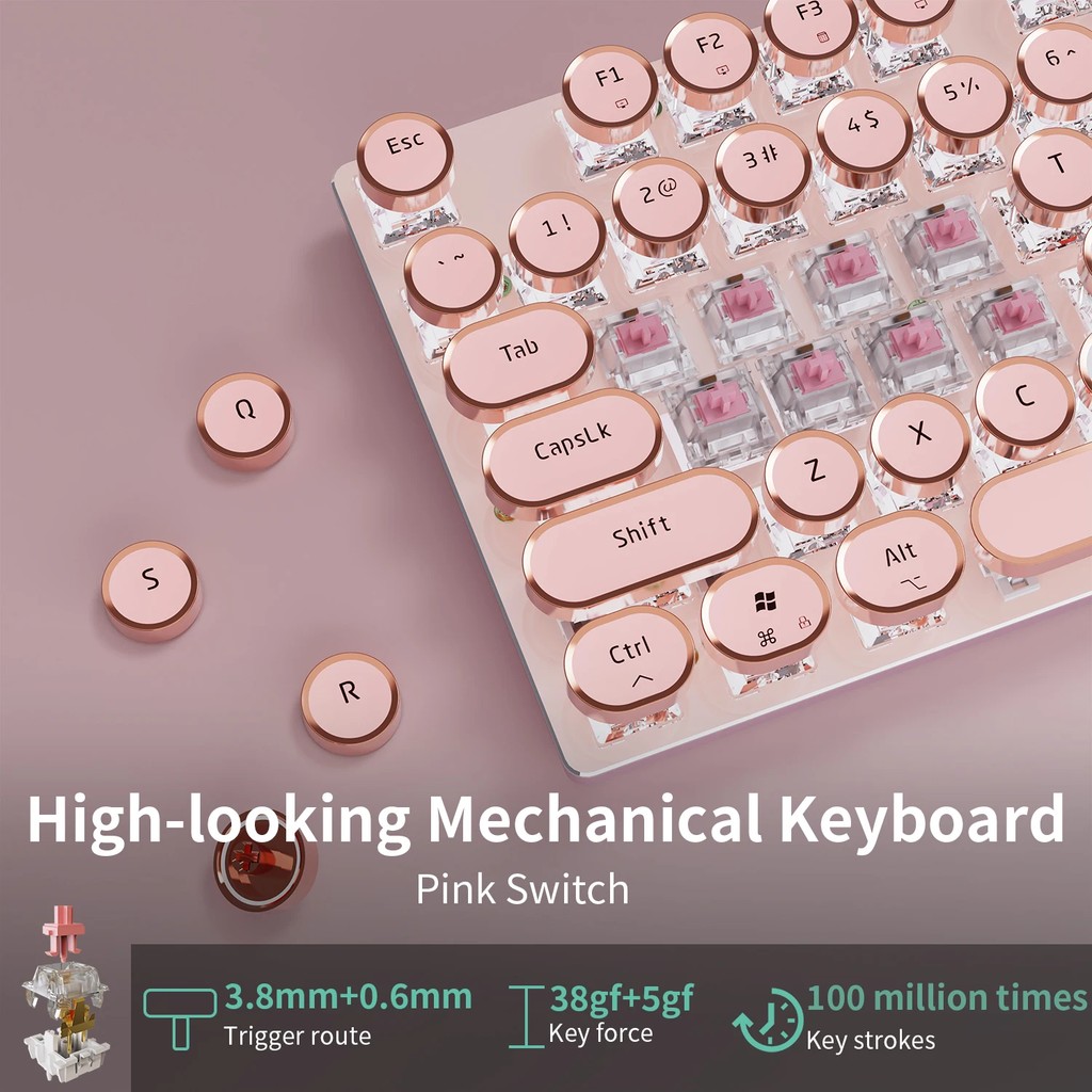 EWEADN V20 Mechanical Keyboard Wired Cute 104 Keys Round Keycaps Gaming Keyboard Retro Punk White