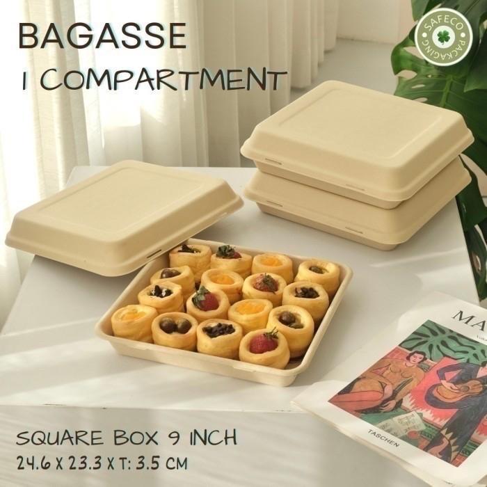 25 Pcs Bagasse Eco Square Food Lunch Box Tanpa Sekat Kotak Packaging Tempat Makan Makanan Sekali