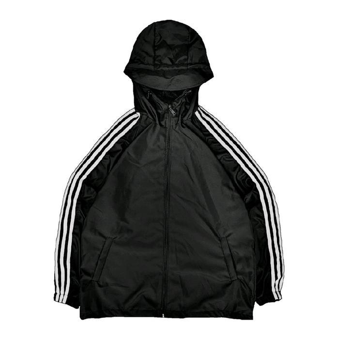Jaket Sport Polos Garis Tiga Full Zipper - Jaket Olahraga Parasut Uniseks - Hitam Garis Putih, M