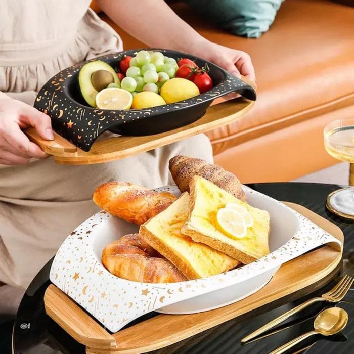 Moon Star Bowl Ceramic Bowl Wooden Tray / Moon Star Ceramic Bowl