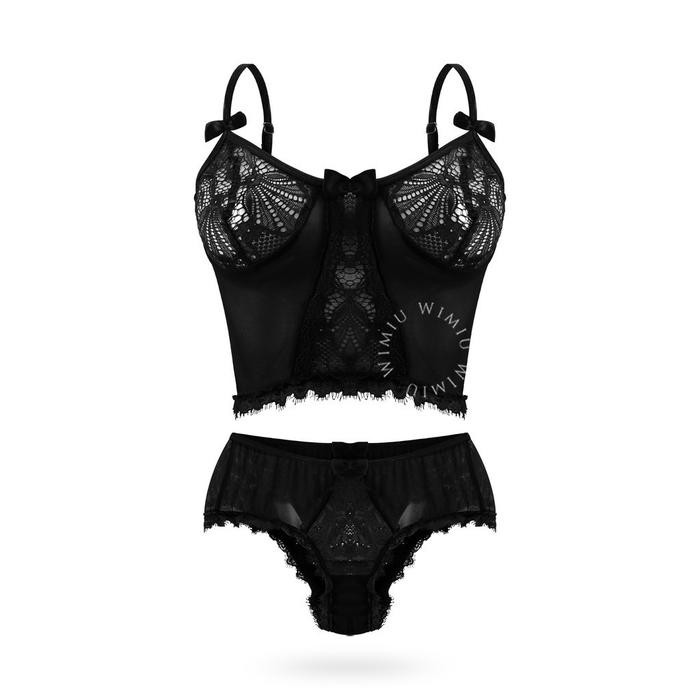 WIMIU One Set Lace CropTop Set Brukat Tanpa Busa Semi Jaring Halus Baju Tidur Gaun Malam 700036